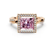 Halo Engagement Ring Setting for Fancy Pink Princess Cut Center with Pave and Plain Twist Band and Prong Head in Rose Gold