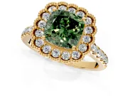 Milgrain Floral Halo Engagement Ring Setting for Fancy Green Cushion Cut Center with Pave Band and Prong Head in Yellow Gold