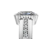 Halo Engagement Ring Setting for Emerald Cut Center with Wide Band, Inlaid Accent Row and Prong Head in Sterling Silver