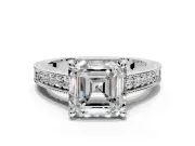 Engraved Engagement Ring Setting for Asscher Cut Center with Milgrain Pave Band and Prong Head in Platinum