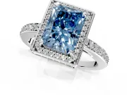 Halo Engagement Ring Setting for Fancy Blue Radiant Cut Center with Metal-Rimmed Halo, Pave Band and Prong Head in Platinum