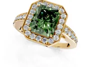 Bezel-Framed Halo Engagement Ring Setting for Fancy Green Radiant Cut Center with Pave Band and Prong Head in Yellow Gold