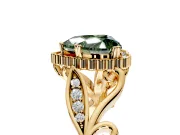 Halo Engagement Ring Setting for Fancy Green Heart-Shaped Center with Leaf Motif Split Shank and Prong Head in Yellow Gold