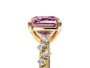 Solitaire Engagement Ring Setting for Fancy Pink Asscher Cut Center with Trailing Leaf Accent Band and Prong Head in Yellow Gold