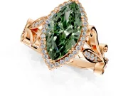 Halo Engagement Ring Setting for Fancy Green Marquise Center with Leaf Motif Split Shank and Prong Head in Rose Gold
