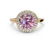 Halo Engagement Ring Setting for Fancy Pink Round Cut Center with Plain Tapered Band and Prong Head in Yellow Gold
