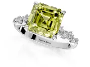 Solitaire Engagement Ring Setting for Fancy Yellow Asscher Cut Center with Trailing Leaf Accent Band and Prong Head in White Gold