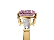 3 Stone Engagement Ring Setting for Fancy Pink Radiant Cut Center with Baguette Accents and Prong Head in Yellow Gold