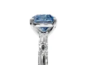 Baguette Engagement Ring Setting for Fancy Blue Cushion Cut Center with Alternating Bar-Set Band and Prong Head in Platinum