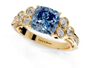 Cluster Engagement Ring Setting for Fancy Blue Cushion Cut Center with Bezel Accent Clusters and Prong Head in Yellow Gold