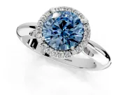 Halo Engagement Ring Setting for Fancy Blue Round Cut Center with Tapered Plain Band and Prong Head in White Gold
