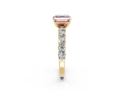 Shared-Prong Engagement Ring Setting for Fancy Pink Asscher Cut Center with Graduated Accents and Prong Head in Yellow Gold