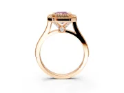 Halo Engagement Ring Setting for Fancy Pink Radiant Cut Center with Milgrain Frame, Pave Band and Prong Head in Rose Gold