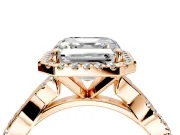 Halo Engagement Ring Setting for Asscher Cut Center with Pave and Plain Twist Band and Prong Head in Rose Gold