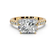 Paired Accent Engagement Ring Setting for Princess Cut Center with Pave Band and Prong Head in Yellow Gold