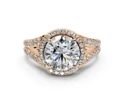 Halo Engagement Ring Setting for Round Cut Center with Narrow Pave Split Shank and Prong Head in Rose Gold