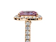 Halo Engagement Ring Setting for Fancy Pink Emerald Cut Center with Narrowing Pave Band and Prong Head in Rose Gold