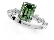 Cluster Engagement Ring Setting for Fancy Green Emerald Cut Center with Round Cut Accent Band and Prong Head in Sterling Silver