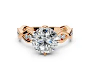 Solitaire Engagement Ring Setting for Round Cut Center with Accented Twist Band and Leaf Prong Head in Rose Gold