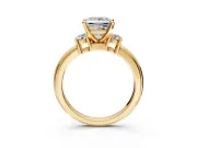 3 Stone Engagement Ring Setting for Princess Cut Center with Wide Plain Band and Prong Head in Yellow Gold