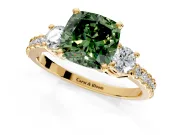 3 Stone Engagement Ring Setting for Fancy Green Cushion Cut Center with Round Cut Side Accents and Prong Head in Yellow Gold