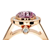 Halo Engagement Ring Setting for Fancy Pink Round Cut Center with Outer Bezel Rim, Pave Band and Prong Head in Rose Gold