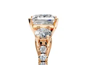 3 Stone Engagement Ring Setting for Princess Cut Center with Crossover Basket, Pave Band and Prong Head in Rose Gold