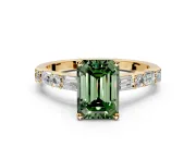 Baguette Engagement Ring Setting for Fancy Green Emerald Cut Center with Alternating Bar-Set Band and Prong Head in Yellow Gold
