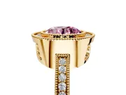 Halo Engagement Ring Setting for Fancy Pink Round Cut Center with Milgrain Halo, Pave Band and Prong Head in Yellow Gold