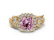Milgrain Halo Engagement Ring Setting for Fancy Pink Cushion Cut Center with Shoulder Bezels and Prong Head in Yellow Gold