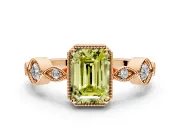 Vintage Station Engagement Ring Setting for Fancy Yellow Emerald Cut Center with Accents and Prong Head in Rose Gold