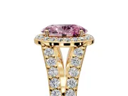 Halo Engagement Ring Setting for Fancy Pink Oval Center with Narrow Pave Split Shank and Prong Head in Yellow Gold