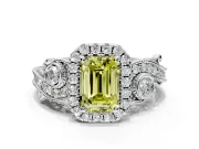 Milgrain Halo Engagement Ring Setting for Fancy Yellow Emerald Cut Center with Shoulder Bezels and Prong Head in Platinum