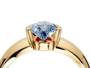 Tension Engagement Ring Setting for Fancy Blue Pear-Shaped Center with Wide Flat Band and Tension Head in Yellow Gold