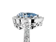 Halo Engagement Ring Setting for Fancy Blue Pear-Shaped Center with Heart-Shaped Openwork, Pave Band and Prong Head in Platinum