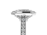 Halo Engagement Ring Setting for Emerald Cut Center with Milgrain Pave Band and Bezel Head in Platinum