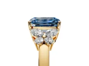 Solitaire Engagement Ring Setting for Fancy Blue Emerald Cut Center with Marquise Flower Shoulders and Prong Head in Yellow Gold