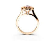 Halo Engagement Ring Setting for Fancy Pink Pear-Shaped Center with Milgrain Frame, Pave Band and Prong Head in Rose Gold