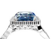 Halo Engagement Ring Setting for Fancy Blue Asscher Cut Center with Leaf Motif Split Shank and Prong Head in Platinum