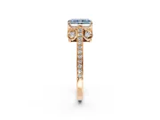 Cathedral Engagement Ring Setting for Fancy Blue Radiant Cut Center with Antique-Style Pave Band and Prong Head in Rose Gold