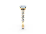 Shared-Prong Engagement Ring Setting for Fancy Blue Asscher Cut Center with Graduated Accents and Prong Head in Yellow Gold
