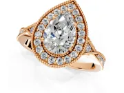 Halo Engagement Ring Setting for Pear-Shaped Center with Milgrain Rim, Pave Band and Prong Head in Rose Gold