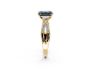 3 Stone Engagement Ring Setting for Fancy Blue Emerald Cut Center with Pave Split Shank and Prong Head in Yellow Gold
