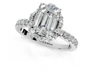 Halo Engagement Ring Setting for Emerald Cut Center with Openwork Halo, Pave Band and Prong Head in Sterling Silver