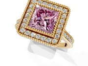 Halo Engagement Ring Setting for Fancy Pink Princess Cut Center with Milgrain Frame, Pave Band and Prong Head in Yellow Gold