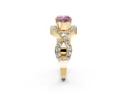 Halo Engagement Ring Setting for Fancy Pink Cushion Cut Center with Pave Infinity Twist Band and Prong Head in Yellow Gold