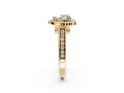 Halo Engagement Ring Setting for Heart-Shaped Center with Outer Bezel Rim, Pave Band and Prong Head in Yellow Gold