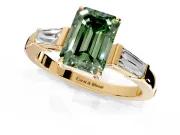 3 Stone Engagement Ring Setting for Fancy Green Emerald Cut Center with Baguette Accents and Prong Head in Yellow Gold
