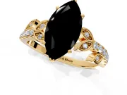 Leaf Motif Engagement Ring Setting for Fancy Black Marquise Center with Pave Band and Prong Head in Yellow Gold