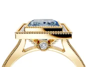 Halo Engagement Ring Setting for Fancy Blue Princess Cut Center with Milgrain Pave Band and Bezel Head in Yellow Gold